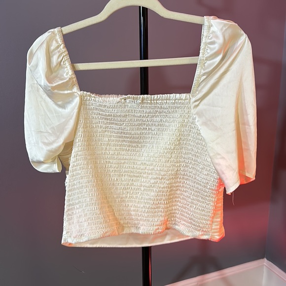 Express smocked back glossy satin type cropped summer blouse - Picture 3 of 3